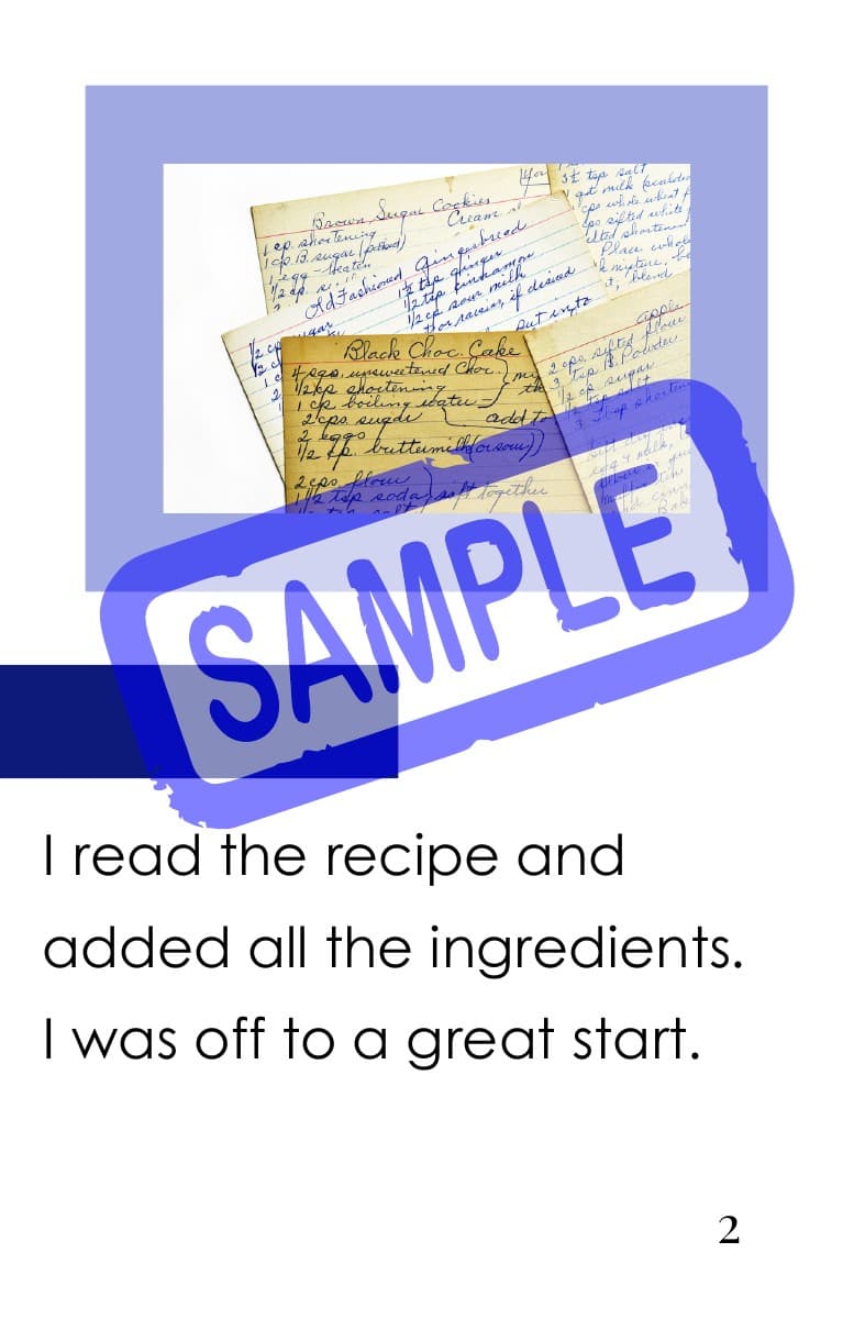 Making Great Bread, page 2. Handwritten recipe cards. Text: “I read the recipe and added all the ingredients. I was off to a great start.” Sample watermark.