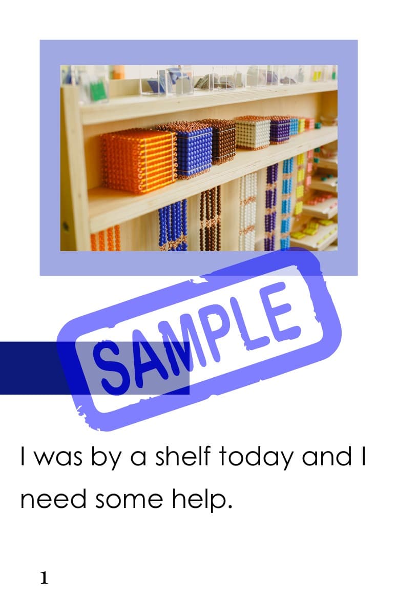Help by the Shelf, page 1. Montessori bead materials on a shelf. Text: “I was by a shelf today and I need some help.” Sample watermark.