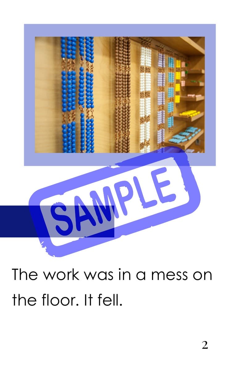 Help by the Shelf, page 2. Montessori bead materials on a shelf. Text: “The work was in a mess on the floor. It fell.” Sample watermark.